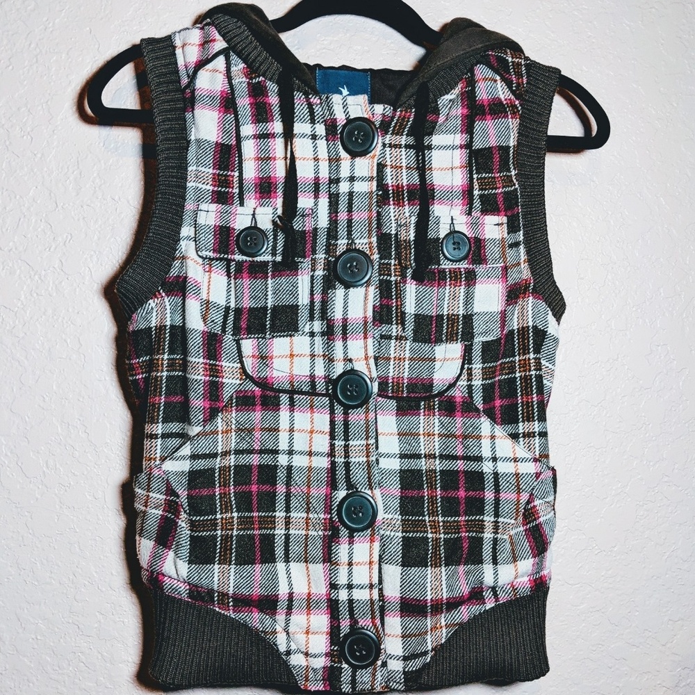 XXI Hooded button down plaid vest size small